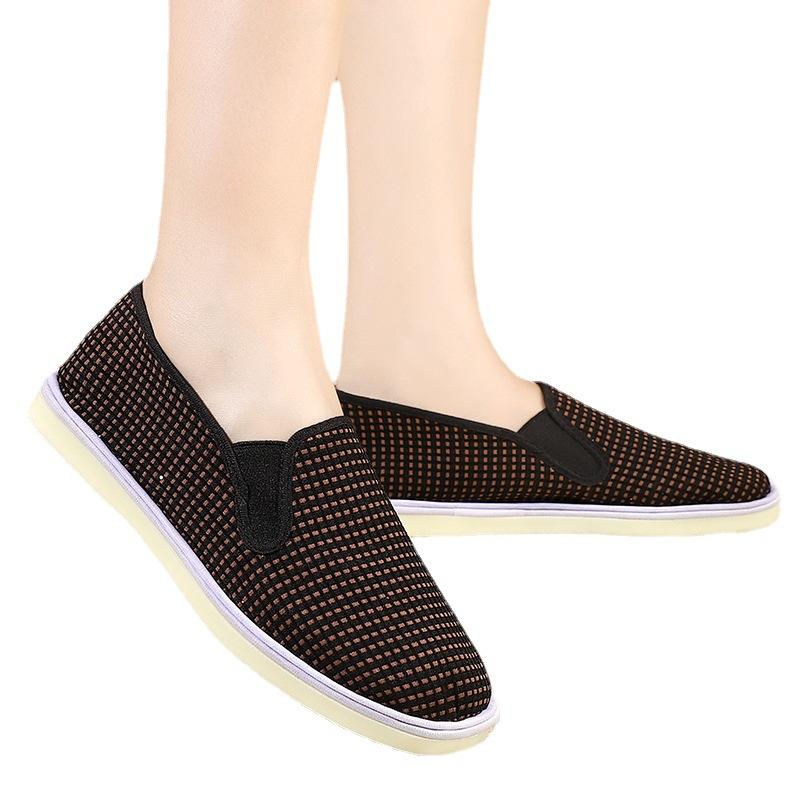 beef tendon sole spring and autumn women's old Beijing cloth shoes plaid cotton canvas shoes flat bottom casual elastic mouth one pedal shoes