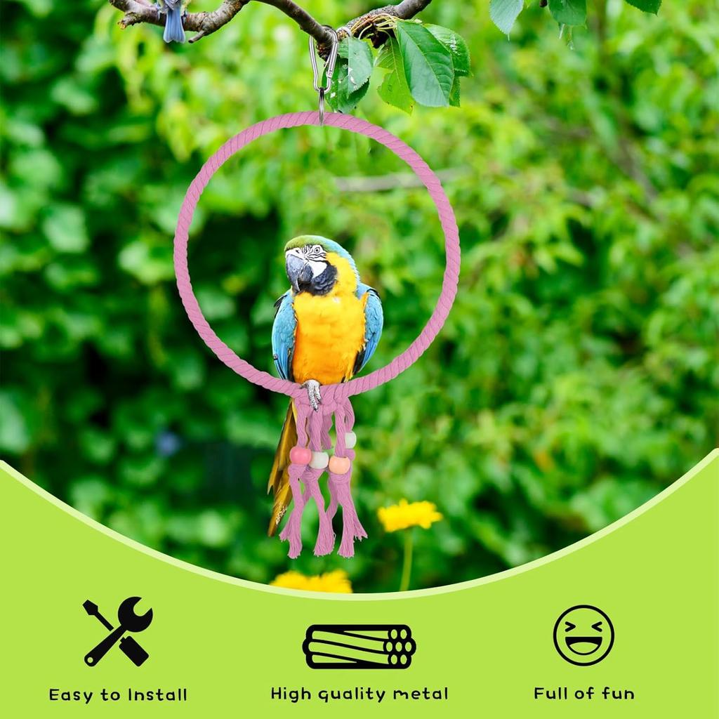 Bird Swing, 20 CM Diameter Hanging Parrot Swing with Colourful Beads, Swing Parrot Toys Cotton Rope Ring Bird Cage Toys for Budgie, Cockatiel,