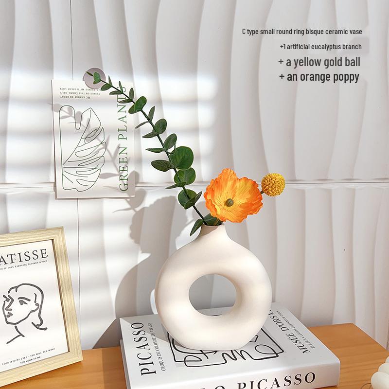 Green Plants Ceramic Vase with Hanging Bells and Artificial Flowers - Home Decoration Props