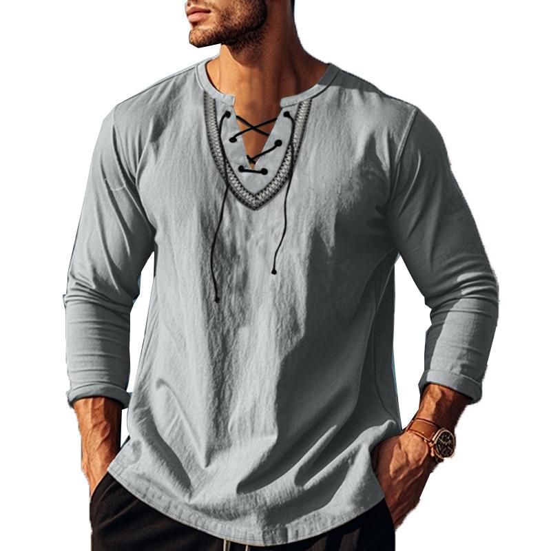 Herren Langarmshirt mit Henley-Kragen und Piraten-Motiv, Kordelzug, Baumwolle und Leinen, mit Schnürung, V-Ausschnitt, Hippie-Strand-Tops für Frühling und Sommer