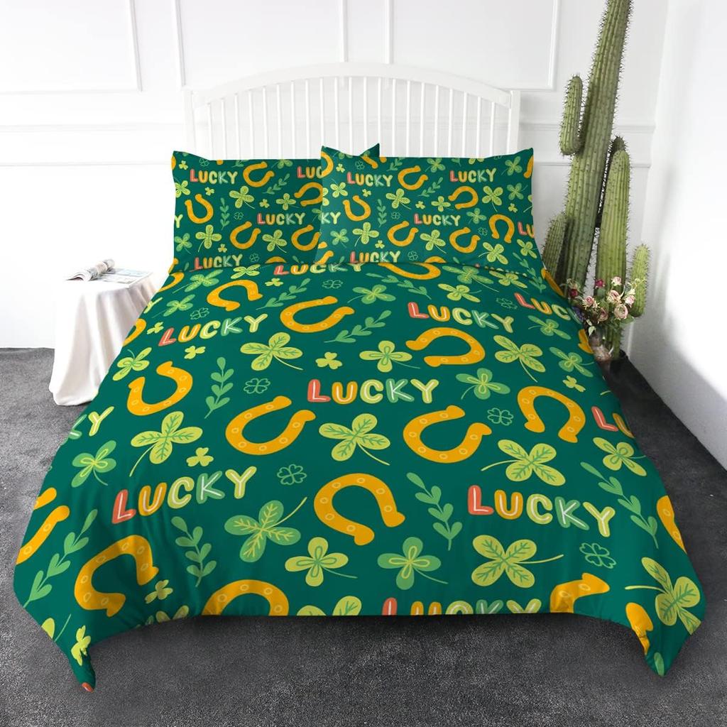 Green Animal Plant Pattern Duvet Cover Queen King Size HD Printed Shamrock Green Bedding Set 3 Piece Set and 2 Pillowcase T