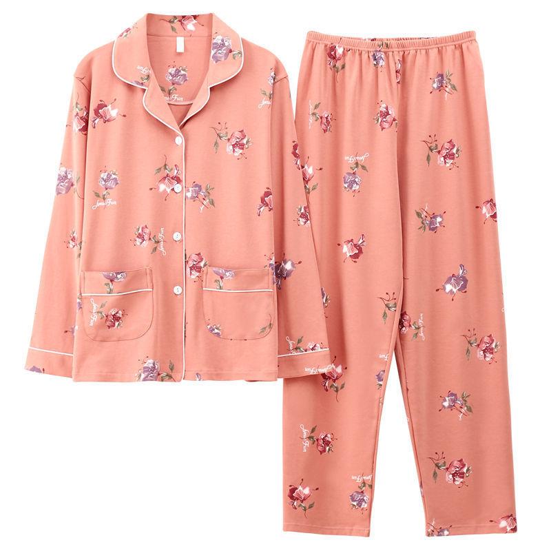 In the Elderly Pure Cotton Pajamas Women's Spring and Autumn Long-sleeved Middle-aged Mother Large Size Cardigan Set Old Lady Loungewear