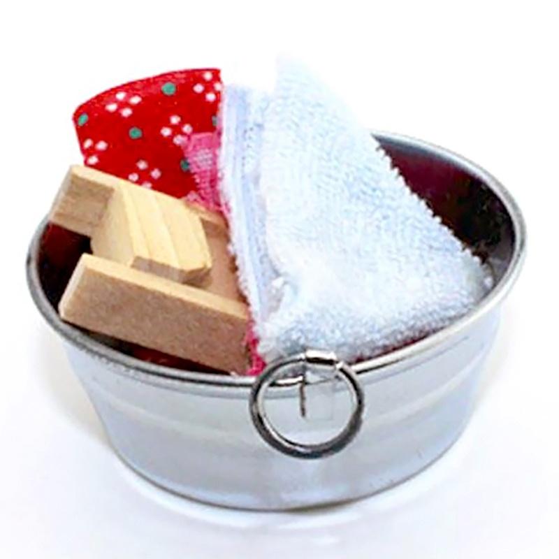 New Dollhouse Miniature Laundry Tub with Wooden Washboard Towel Set TS