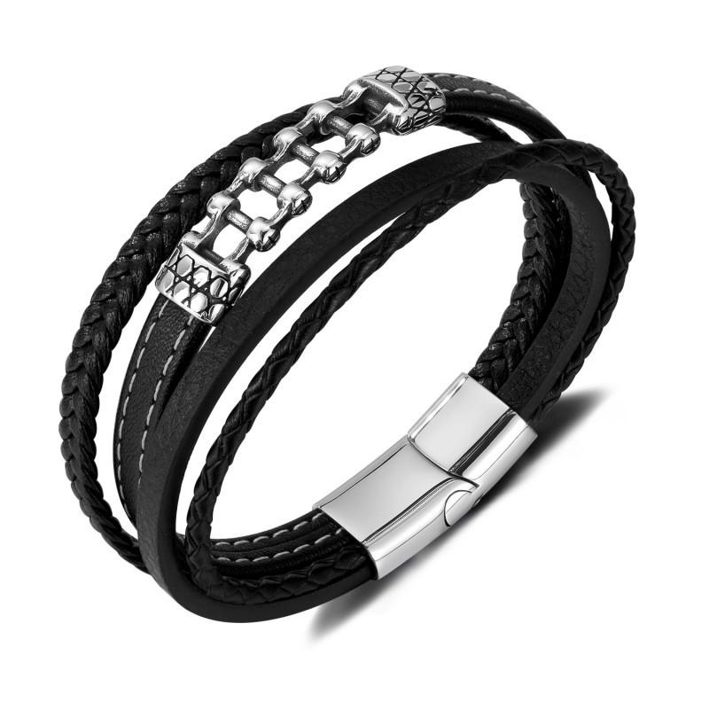 Vintage Leather Bracelet Men Stainless Steel Personalized Creative Staircase Multi-layer Woven