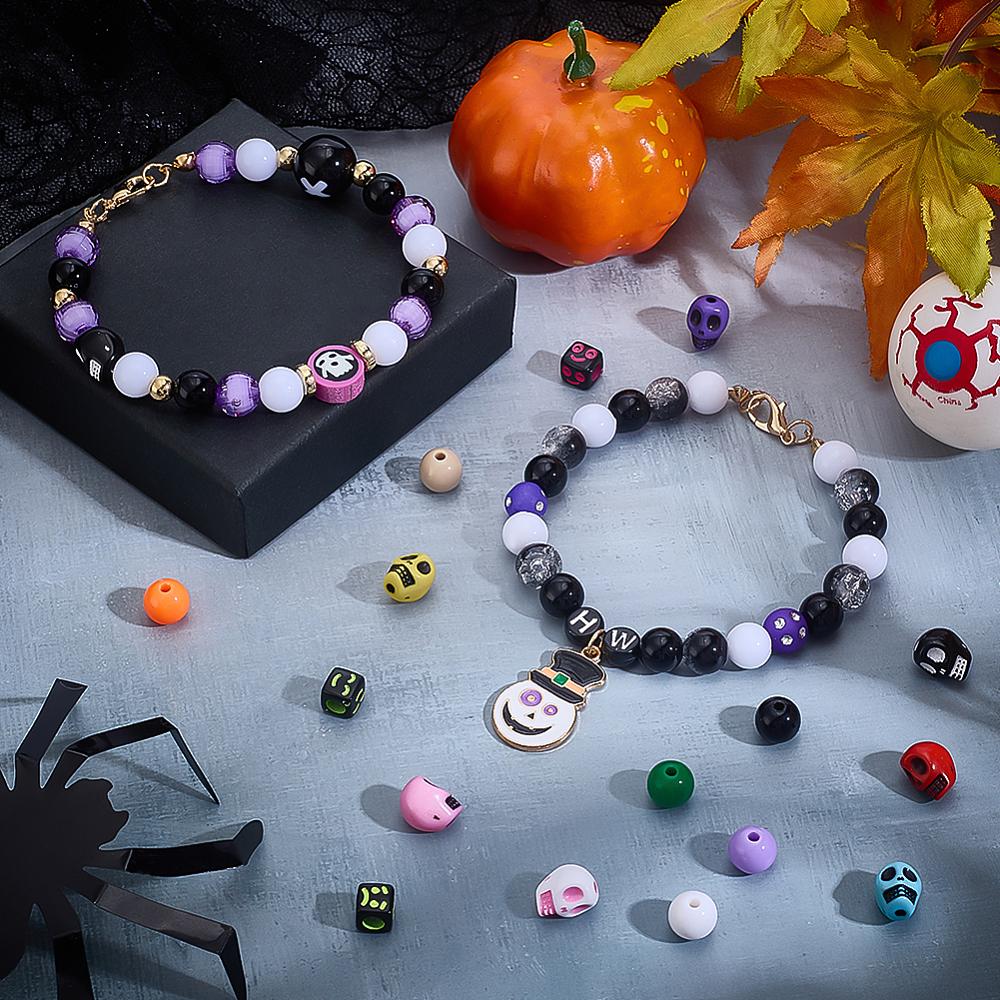 1 Set Halloween-Thema Armbänder Bastelsets inklusive Schere Elastisches Band Acrylperlen Gemischte Farbe 6~200x6~132x6~17,5mm