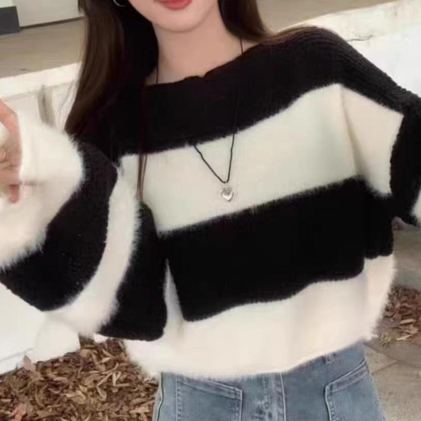 Stripet genser for kvinner for vår og høst, fasjonabelt nytt design, løstsittende strikket topp