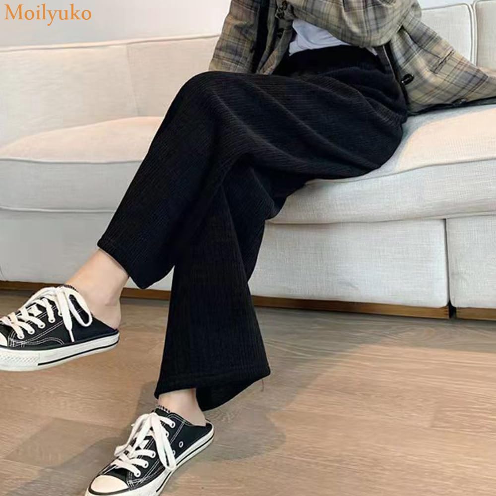 Moilyuko Corduroy Long Pants with Fleece Straight Loose Mo98 Size Women's Pants, Wide-Leg Lining, Warm, Ribbed, Fit, Fit, (JP, Alphabet, M, Black)