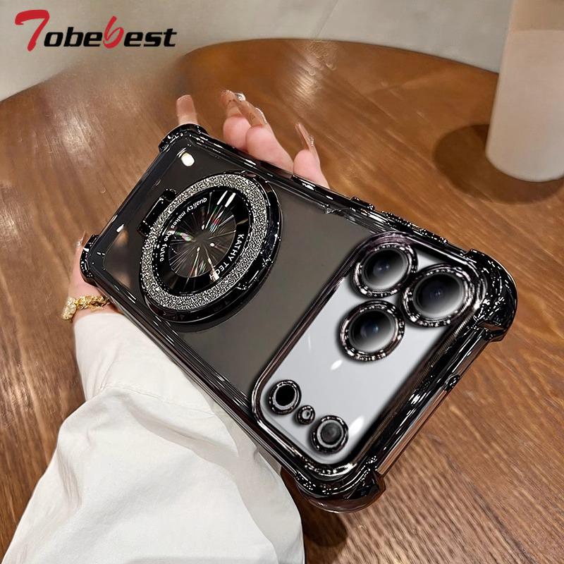 Shockproof Glitter Plating Magnetic Bracket Case for IPhone 17 Air 16 16E 15 14 Plus 13 12 Mini 11 Pro XS Max XR Silicone Cover