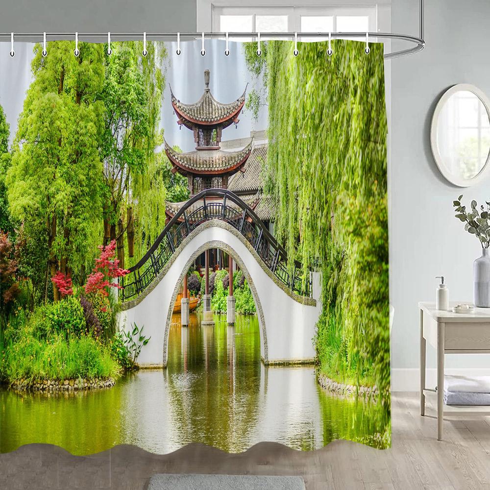 

Chinese Style Garden Shower Curtains Green Bamboo Plants Arches Moon Door After Rain Landscape Polyester Bathroom Curtain Decor W60H190(CM)-1 Pcs