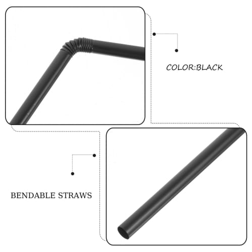 Garneck Disposable Straws, Black, 200 Straws, 21cm Long, Flexible Plastic, for Home and Commercial Use