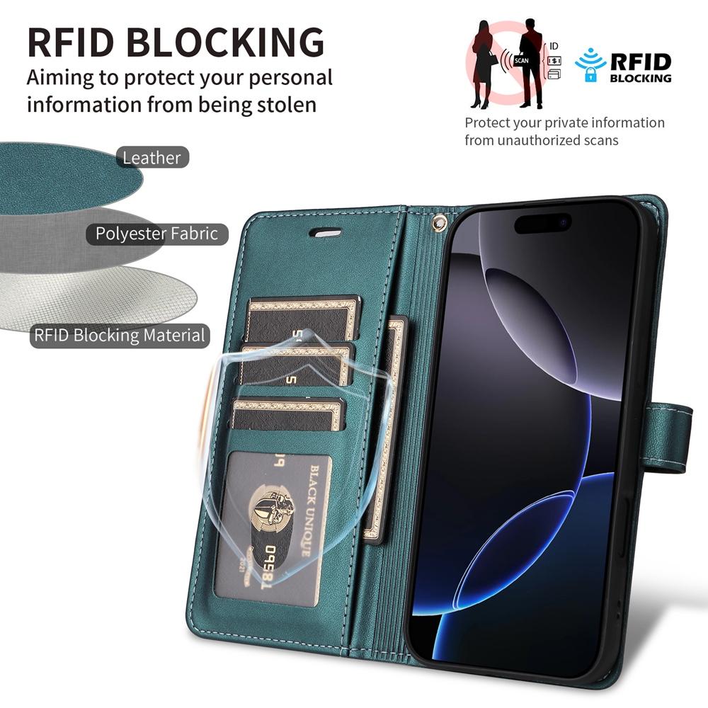 RFID Bloking Phone Case with 6 Card Slots & Cash Pocket Kickstand PU Leather Wallet Case with Wrist Strap for iPhone 17/16/15, Samsung, Xiaomi