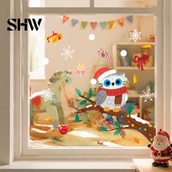 Self Adhesive Seasonal Wall Art Cute Christmas Owl Window Sticker, Snowy Branch Candy Glass Decal, Waterproof Festive Outdoor Xmas Decor for