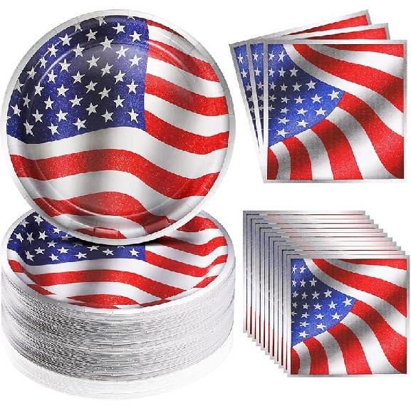 Mumufy 100 Pcs American Flag Patriotic Plates and Napkins 4th of July Party Supplies July 4th Disposable Paper Plates Napkins for Veterans Day