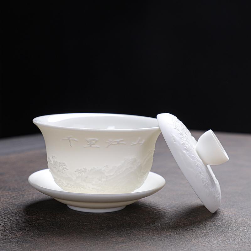 Dehua Relief Suet Jade Kung Fu Tea Set, Business Home Gift Set, Gift Belt Gift Box