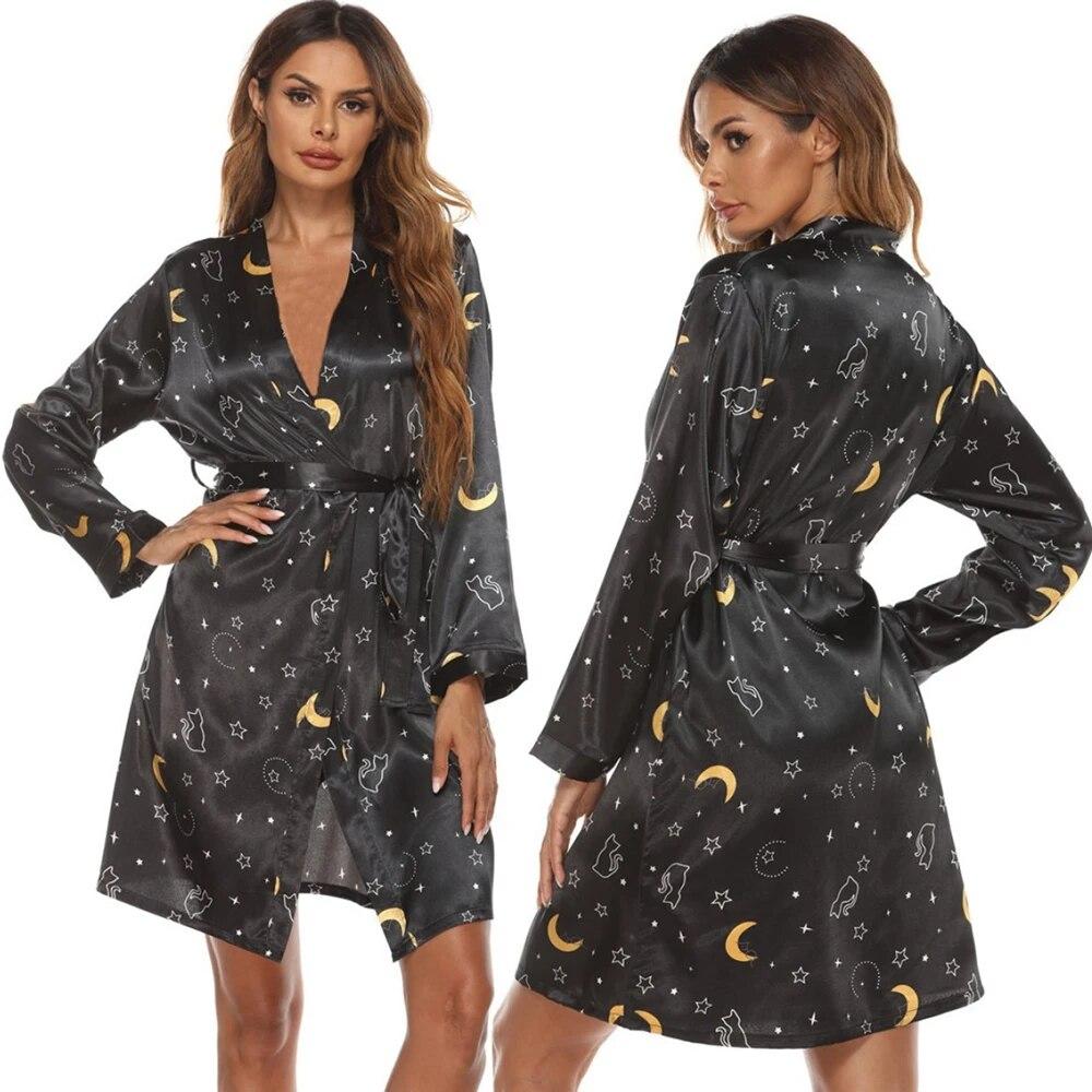Women's Robe Above Knee Robes Floral Print Sleepdres Nightgown Long Sleeve Bathrobe Soft Sleepwear Ladies Loungewear