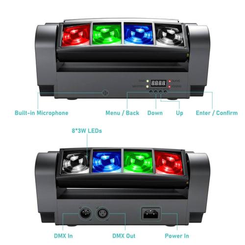 BETOPPER 8x3W RGBW LED Moving Light, Stage Lighting, Disco Light, DMX512 7/13CH, Rotatable, High Brightness, Voice Sync, for Stage, Performance, Weddi