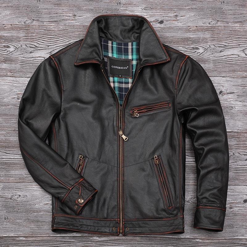 Chinese Size Genuine Cowhide Leather Men Leather Jacket Jackets Hand Edged Coat Men Leather Jacket Autumn