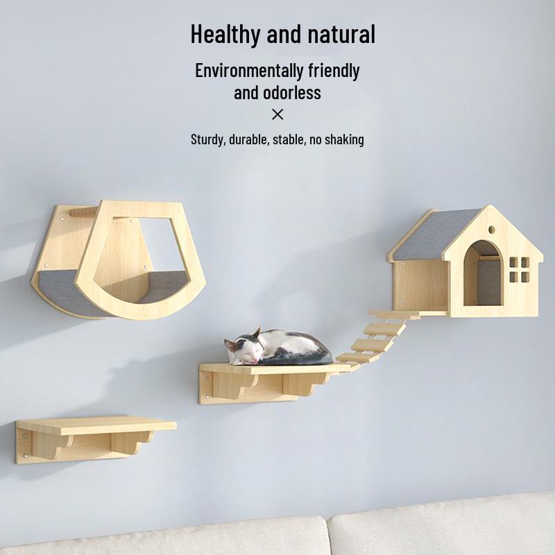 Wall-Mounted Solid Wood Cat Climbing Frame with Bed, Jumping Platform, and Scratching Post