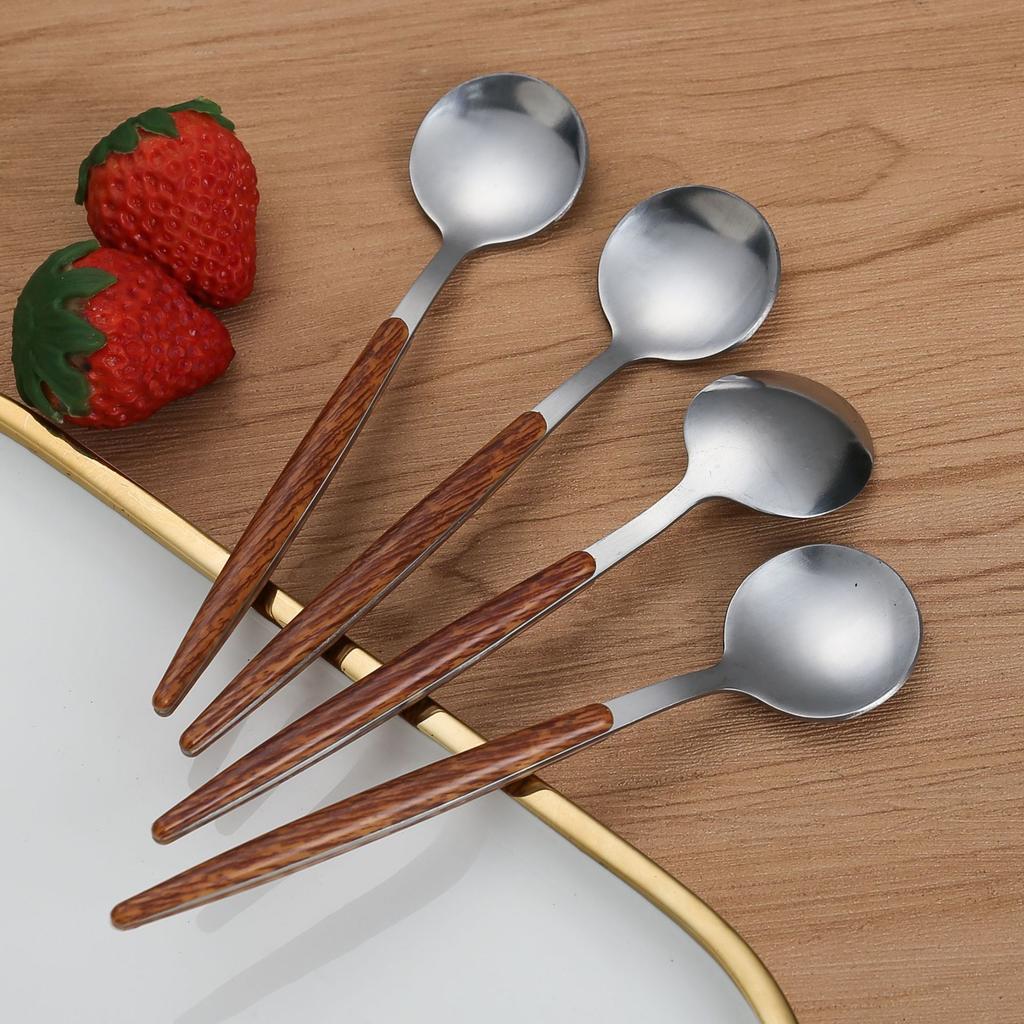 4pcs Creative Stainless Steel Spoon Fork Knife Wood Grain Portable Cutlery Set Thickened Western Tableware Dessert Spoon