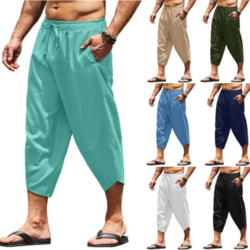 Men's Cotton and Linen Solid Color Loose Drawstring Seven Quarter Pants Casual Shorts