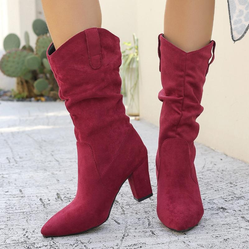 

Женские модные ботильоны на высоком каблуке с острым носком и присборенным голенищем, замшевые ботильоны на толстом каблуке, зимняя обувь больших размеров 43 бордовый