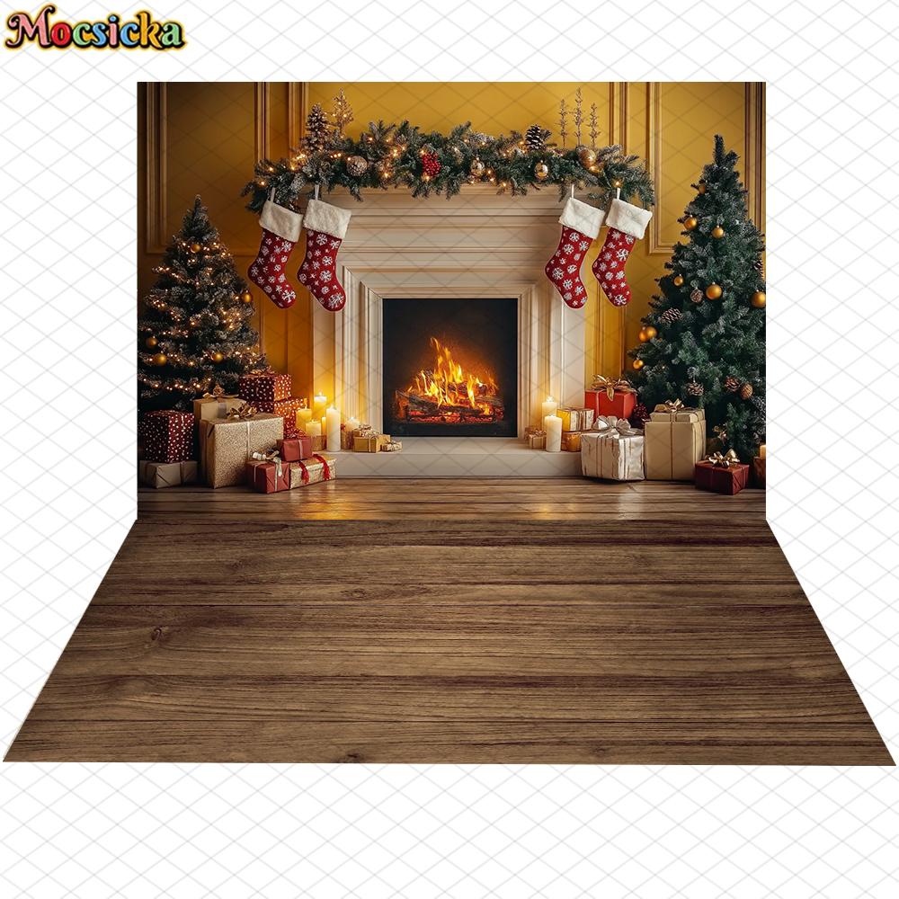 Mocsicka Christmas Photography Background Xmas Tree Fireplace Yellow Wall Decoration Family New Year Party Photo Backdrop Banner