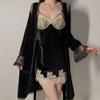 Women Sexy Lingerie Set Erotic Lace Seen Through Deep V Suspender Nightdress Porn Perspective Tie Up Outer Robe Sex Costumes