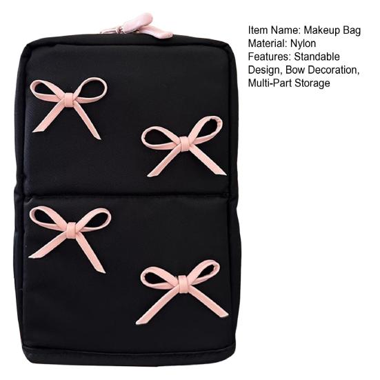 Makeup Bag Folding Multi-Part Cosmetic Storage Bag with Pink Bow Decoration Large Capacity Makeup Case