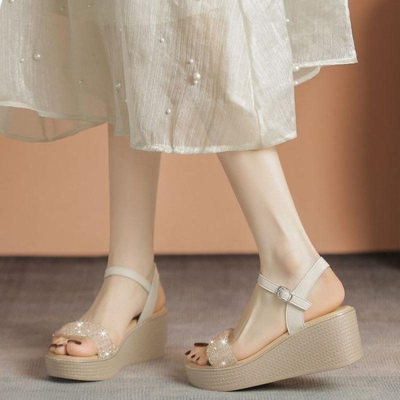 Wedge heel sandals women's new spring and summer sandals wear thick soles with rhinestones and skirts, beach high heels