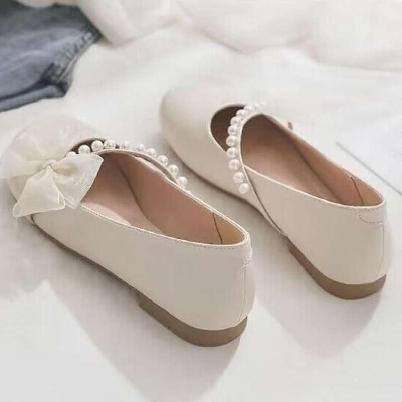 Fairy with skirt 2025 spring new women's single shoes lace versatile pearl round head flat bottom Mary Jane Doudou shoes