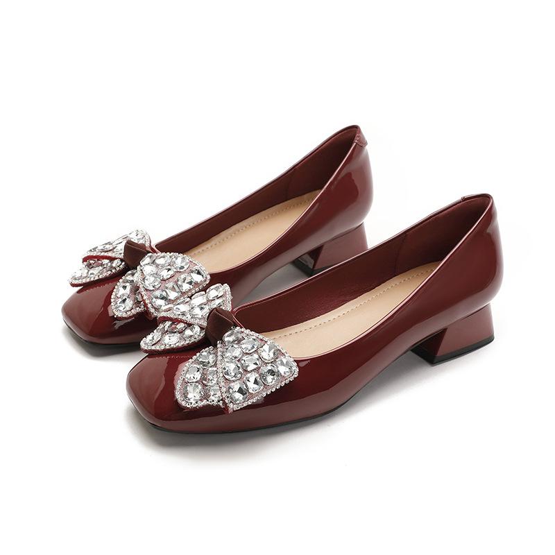 French low-heeled single shoes 2025 new spring and autumn women's shoes bow rhinestone thick heel red wedding shoes square head high heels