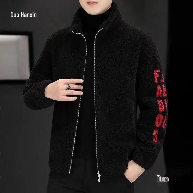 Men's Embroidered Lambswool Stand-Up Collar Coat for Autumn/Winter