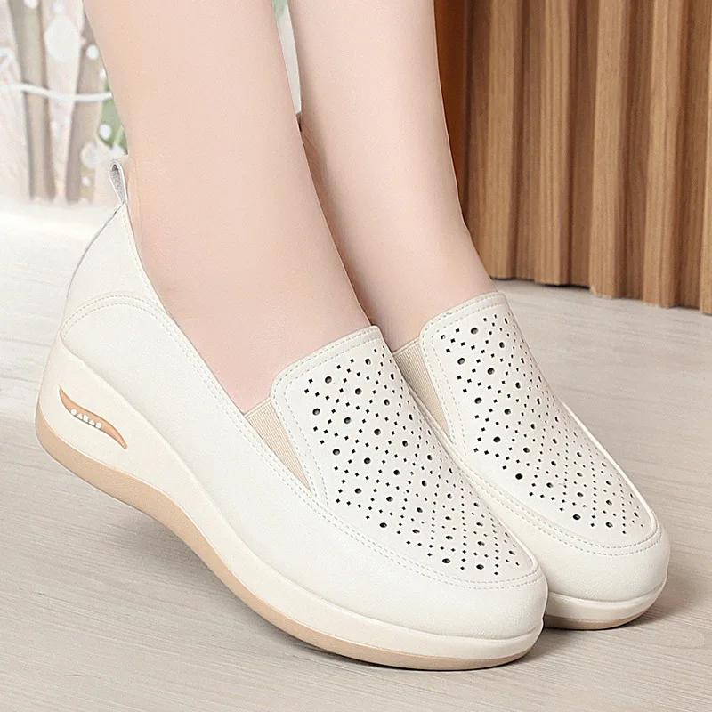 4.5cm Breathable Comfortable Shallow Cutout Soft Leather Shoes Women Loafers 2025 Summer Platform Wedges Shoes for Office Mom