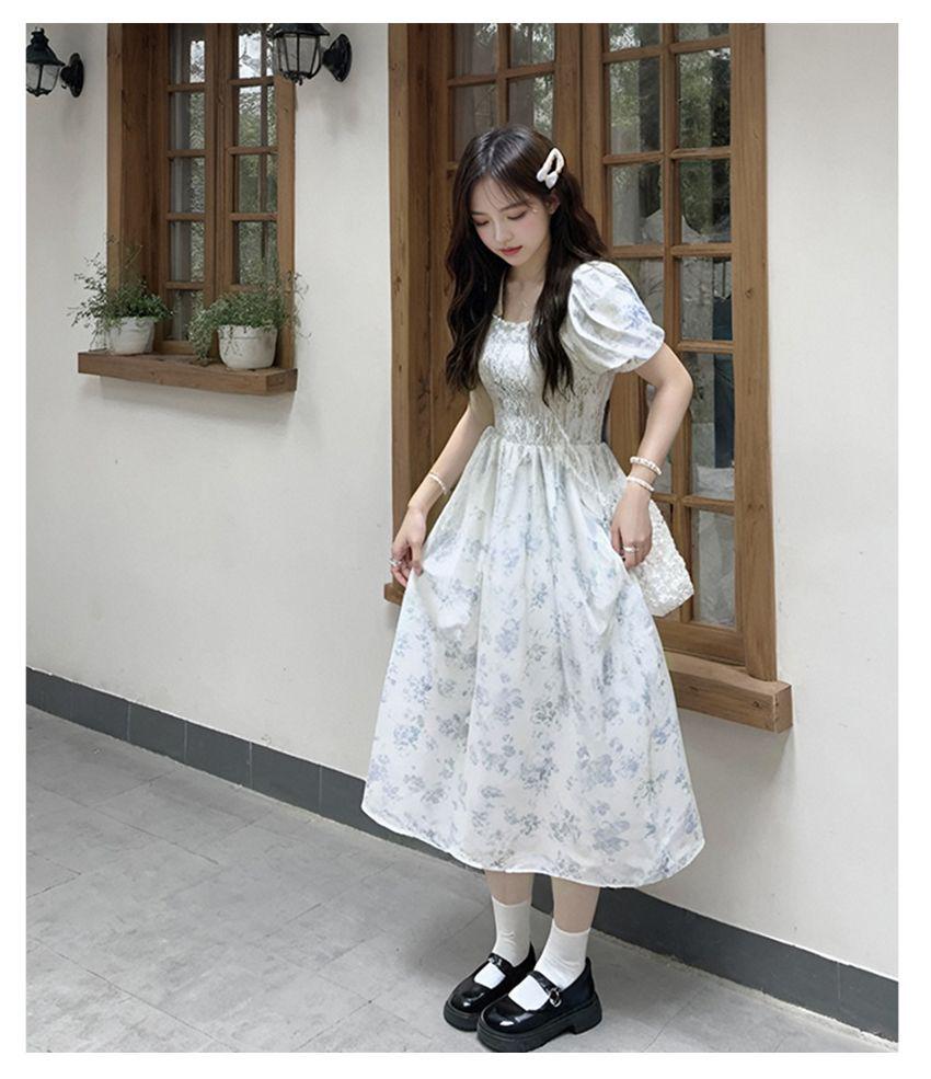 Elegant French Floral Bubble Sleeve Summer Dress