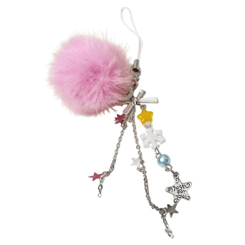Fuzzy Balls Snowflake Star Bead Cellphone Strap Christmas Phone Lanyard Colorful Beaded Bag Charm Holiday Accessory