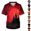 Men's Short Sleeve V Neck Halloween Print Pocket Scrub Top Medical Uniform Shirt for Healthcare Professionals Nurse Doctor Workwear
