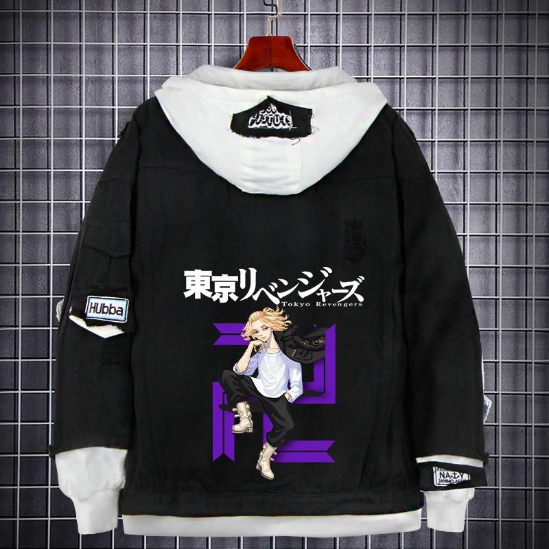 Tokyo Revengers Anime Denim Jacket Fake Two-piece Hoodie Men Youth Streetwear