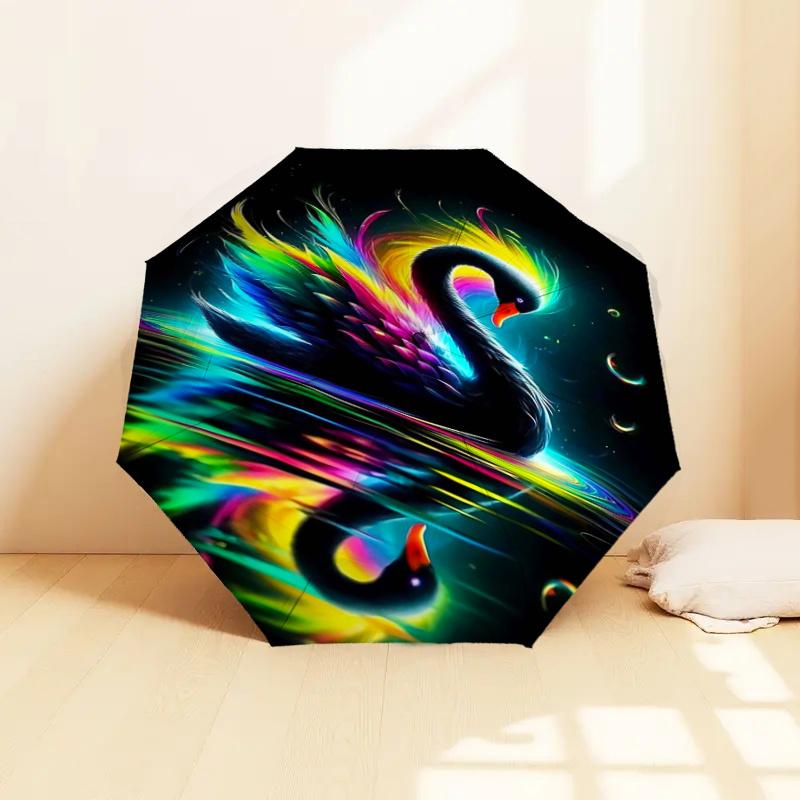 Colorful Swan Automatic Opening/Closing Umbrella with Foldable Design, Iron Frame Outdoor Rain Gear for Fans, Travelers, Daily Use, Festival