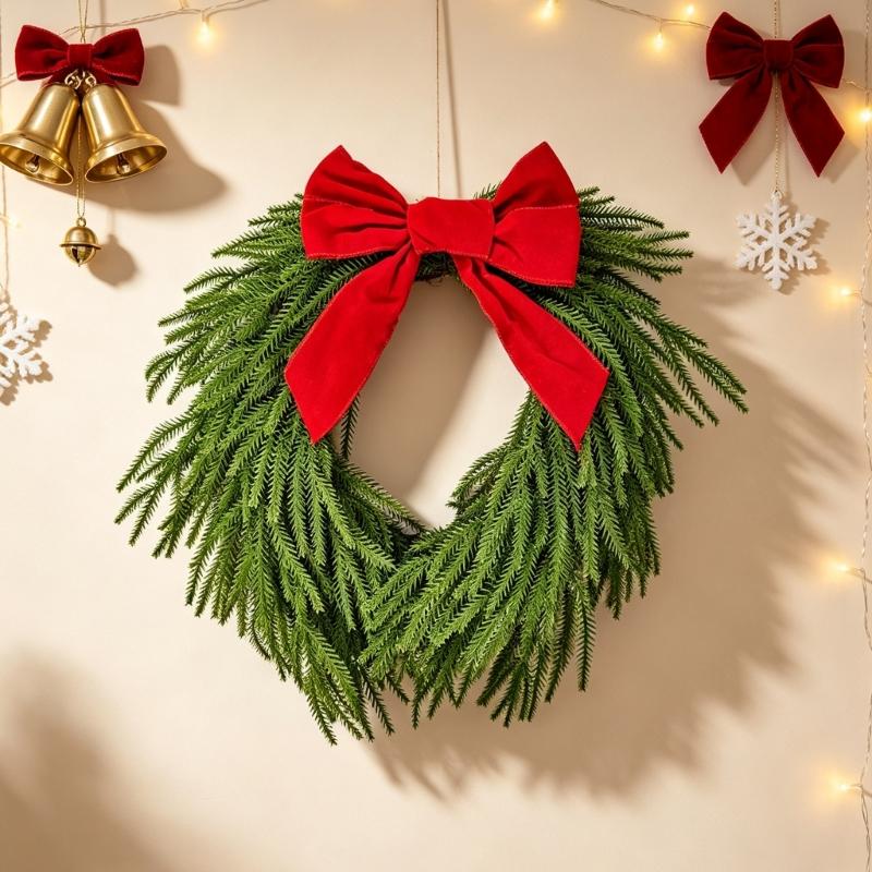 Christmas Bowknot Wreath for Door Entrances, 19.7Inch Plastic Silk-Like Fabric Wreath Hanging Decoration for Wall and Window