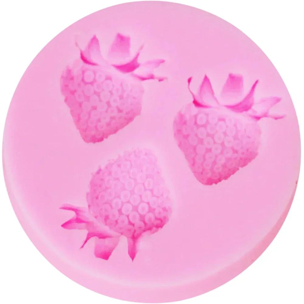 DIY Baked Circular 3-hole Small Strawberry Flip Sugar Cake Chocolate Clay Liquid Silicone Mold for Home Decoration