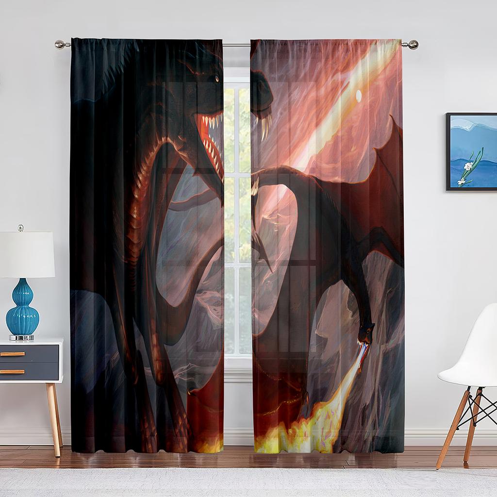 Two Golden Dragon On Red Background Sheer Voile Curtain for Living Room Bedroom Kitchen Transparent Tulle Curtain Window Drape