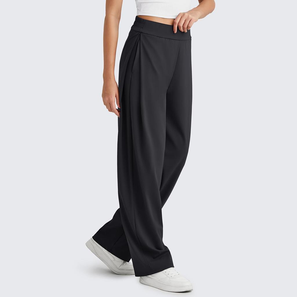 Ladies' Fashionable Solid Color Straight Leg Pants With High Waist Pockets Casual Pants