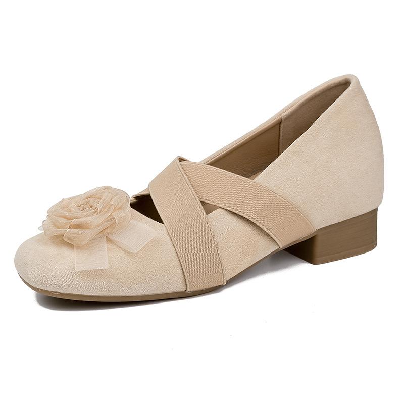 Inner height increase thick heel flower shallow mouth single shoes women's 2026 new soft leather French cross strap ballet shoes Mary Jane shoes