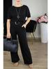 2025 Women's Solid Color Round Neck Long Sleeve Top and Belted Pants 3-Piece Set
