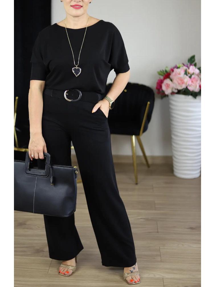 2025 Women's Solid Color Round Neck Long Sleeve Top and Belted Pants 3-Piece Set