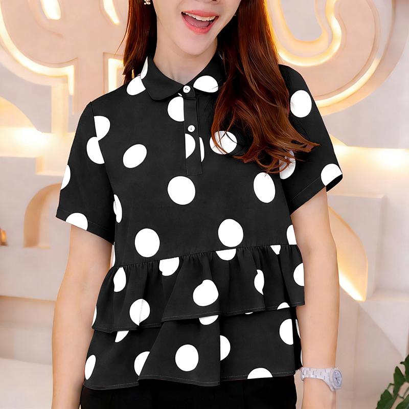 ZANZEA Damen Klassischer Kragen Sommer Lässig Tupfenmuster Kurzarm Bluse