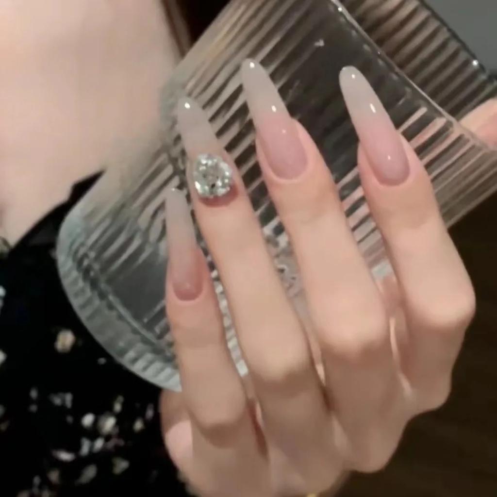 24PCS Simple Nude Gradient French False Nails Fashionable Glossy Long Oval Fake Nails for Women Acrylic Wearable Nail Tips Tools