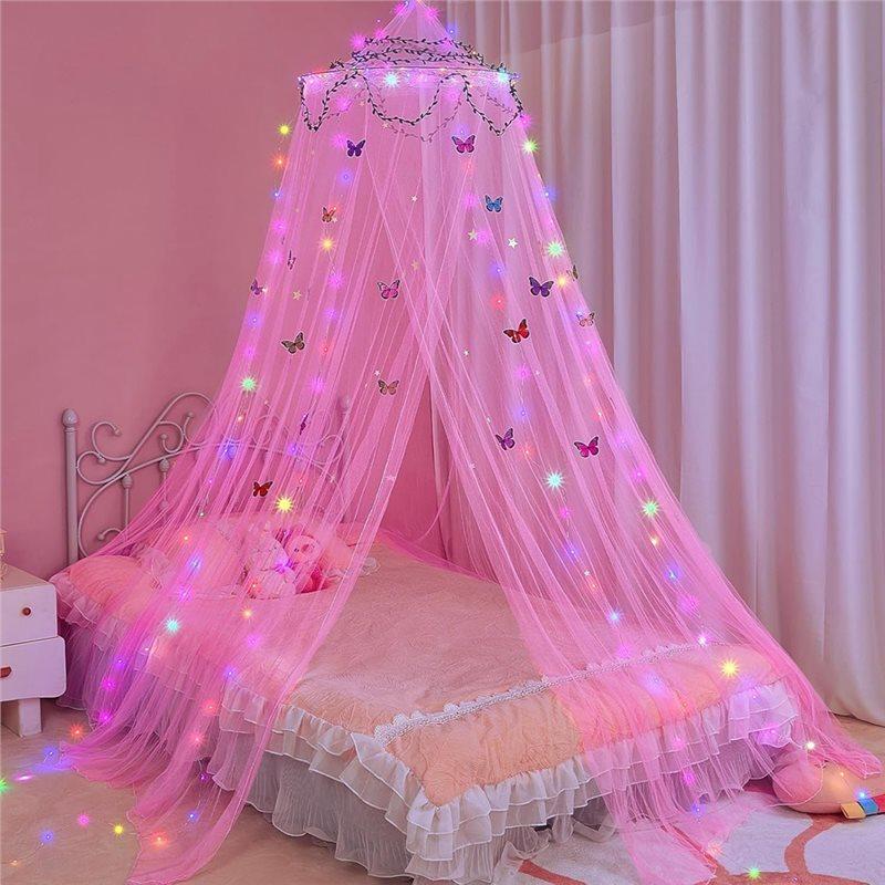 M-Modern-For Girls Room Bed Canopy Curtains With Led Lights Mosquito Net- DIY Princess Style Decor Featuring Butterflies Design