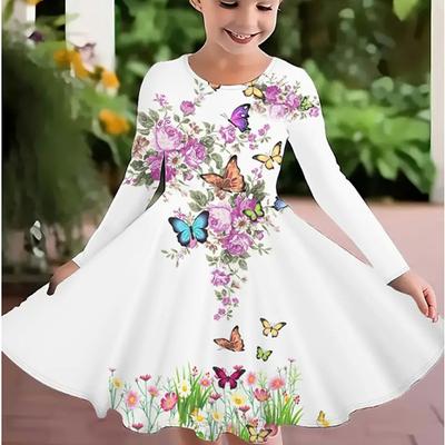 Girl Casual Butterfly Flower Fish Scales Print Round Neck Long Sleeve Dress Kid Princess Dress