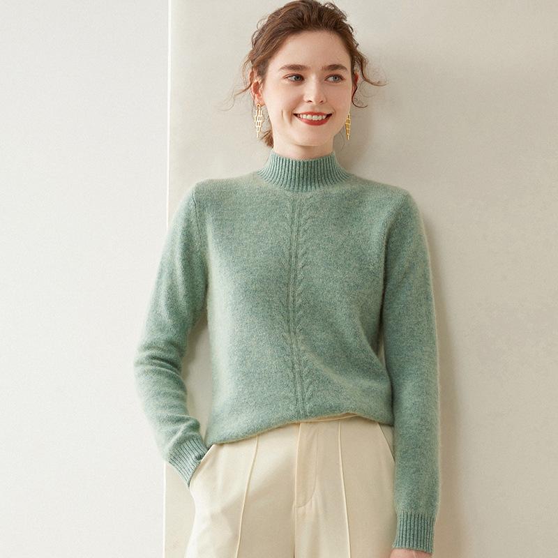 Women's High Neck Cashmere Sweater - Thick Knit Solid Color Jacquard Pullover for Autumn and Winter